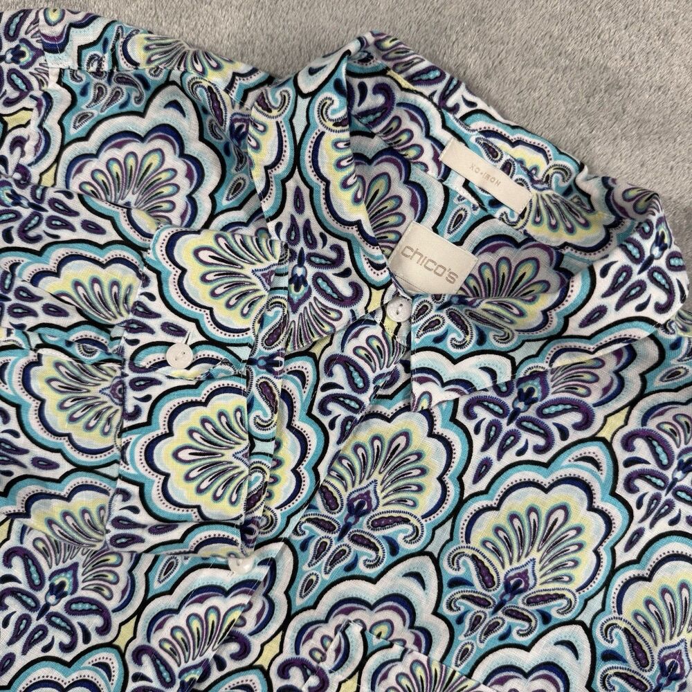Chico's No Iron Linen Button Up Womens 2 Blue Paisley 3/4 Sleeve Summer Beach